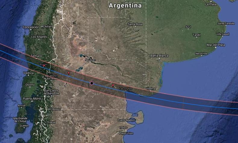La sombra en el mapa marca los puntos de mejor visibilidad del último eclipse de 2020. Foto: Esencia Patagonia viaje eclipse solar patagonia 2020
